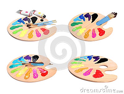Palettes with paints and brushes on white background, collage Stock Photo
