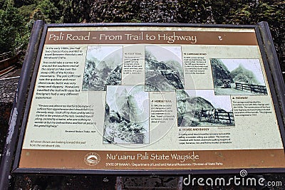 Pali Road - From Trail to Highway Sign at the Nu`uana Pali Lookout Editorial Stock Photo