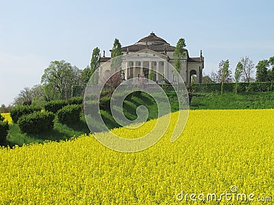 Palladios Villa La Rotonda with a yellow field of Stock Photo