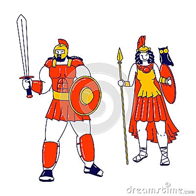 Pallas Athene and Ares Mars Olympian God and Goddess of War in Greek and Roman Religion and Mythology Vector Illustration