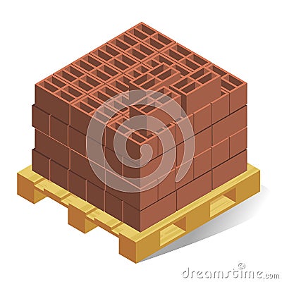 Pallet with building bricks realistic isometric illustration. Construction material. Vector Illustration