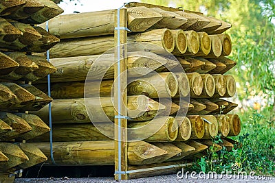 Pallet with round natural wood stakes with a sharpened tip Stock Photo