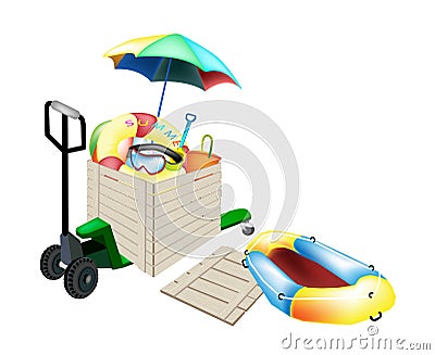 Pallet Truck Loading Beach Items in Shipping Box Vector Illustration