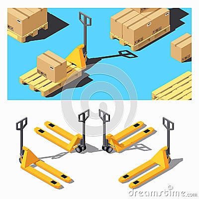 Pallet Truck. Storage Equipment Isometric Icon Set. Vector Illustration