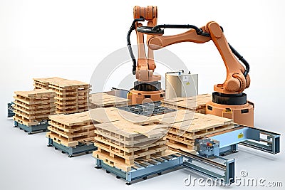 palletizer robot with multiple grips and grippers, picking up different types of pallets Stock Photo
