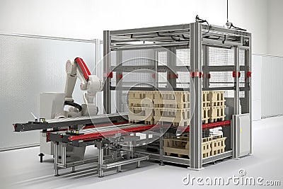 palletizer robot with multiple grips and grippers, picking up different types of pallets Stock Photo