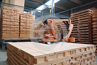 palletizing robot, handling and stacking wooden pallets in warehouse Stock Photo