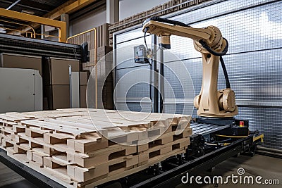 palletizing robot loading heavy objects onto pallets with motorized gripper Stock Photo