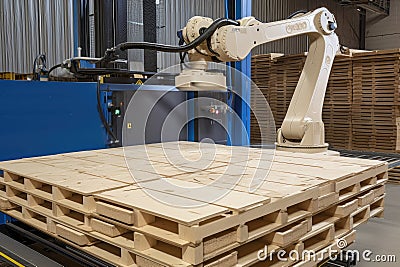 palletizing robot picking up and placing wooden pallets with ease Stock Photo