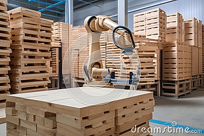 palletizing robot picking up and stacking wooden crates Stock Photo