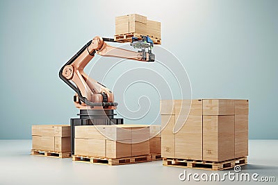 palletizing robot picking up and stacking wooden crates Stock Photo