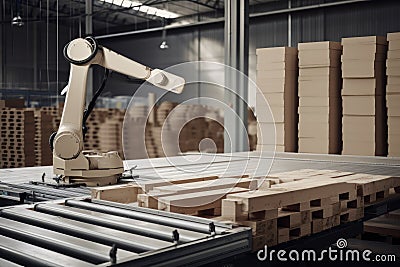 palletizing robot at work, placing items on pallets and wrapping them Stock Photo