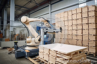palletizing robot at work, placing items on pallets and wrapping them Stock Photo