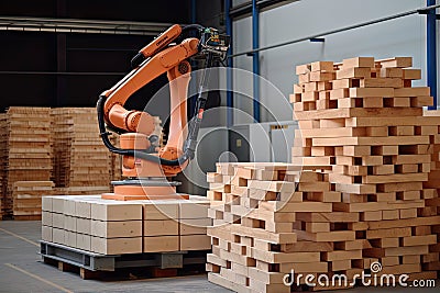 palletizing robot, working in factory setting, stacking and securing crates for shipment Stock Photo
