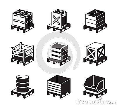 Pallets with containers for different goods Vector Illustration