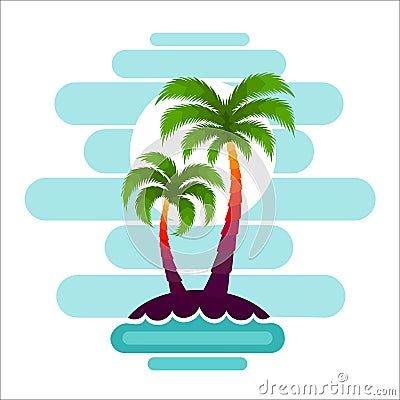 Pallma tree vector illustration sunset waves sea ocean design art print travel tropics island sun tourism holidays Cartoon Illustration