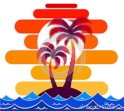 Pallma tree vector illustration sunset waves sea ocean design art print travel tropics island sun tourism holidays Cartoon Illustration