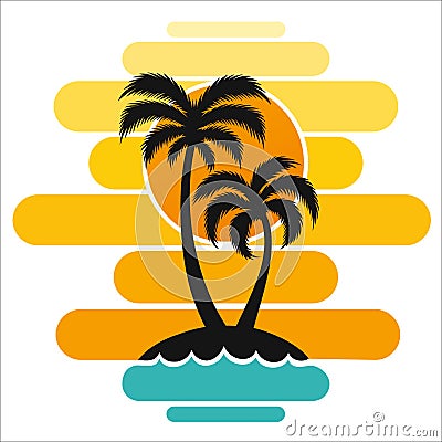 Pallma tree vector illustration sunset waves sea ocean design art print travel tropics island sun tourism holidays Cartoon Illustration