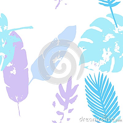 Palm, Banana Leaves Vector Seamless Pattern, Blue Pink Purple Indigo Floral Textile. Brushed Vector Illustration