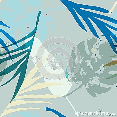 Palm, Banana Leaves Vector Seamless Pattern, Blue, White, Yellow Exotic Floral Print. Stock Photo