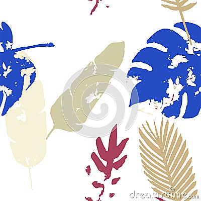 Palm, Banana Leaves Vector Seamless Pattern, Blue, White, Yellow Exotic Floral Print. Cool Vector Illustration