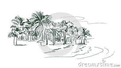 Palm beach vector sketch landscape line illustration skyline Cartoon Illustration