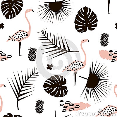 Palm branch trendy seamless pattern with hand drawn elements. Monstera leaf,pinapple,flamingo. Great for fabric, textile Vector Il Stock Photo