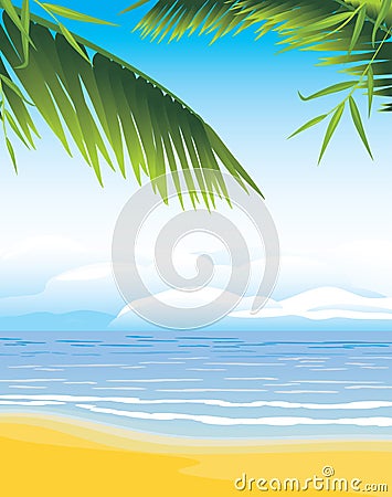 Palm branches on the coastline background Vector Illustration