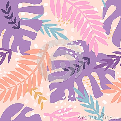 Palm branches, tropical plants, monstera. Vector seamless pattern in flat style Vector Illustration