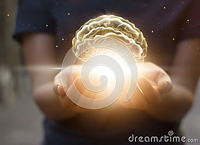 Palm care and protect virtual brain, innovative technology in sc Stock Photo