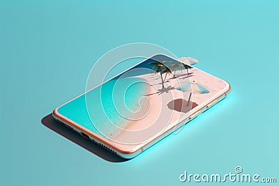 cyber up sea phone concept creative sand holiday palm summer mock. Generative AI. Stock Photo