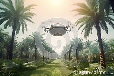 palm dates or date drone technology for fertilization on top of green tropical palm dates field , generative AI Cartoon Illustration