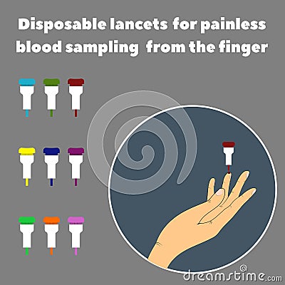 Palm and disposable lancets for painless blood sampling from the finger Vector Illustration