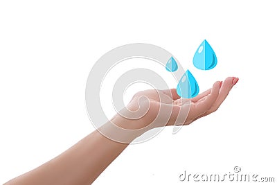 Palm female hand holding drops of water isolated on white. Hygiene ecology concept Stock Photo