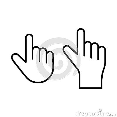 Palm with index finger. Two different hand. Set of touch or click linear icon. Black simple illustration of cursor, pointer, Vector Illustration
