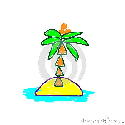 Palm on Island in a deliberately childish style. Child drawing. Sketch imitation painting felt-tip pen or marker. Cartoon Vector Vector Illustration