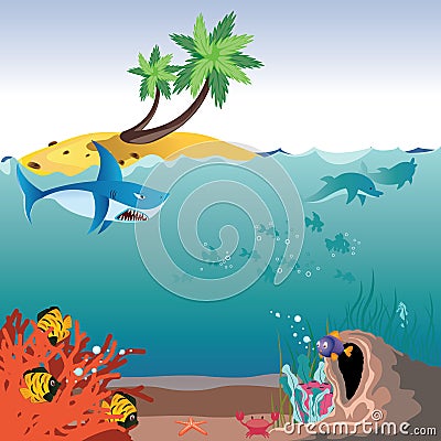 Palm island underwater coral reef and cave Vector Illustration