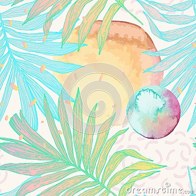 Palm leaf in line art style with water color stains seamless pattern Cartoon Illustration