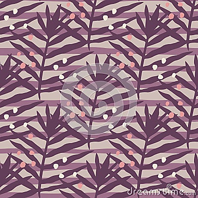 Palm leaf seamless pattern on stripes background. Vintage jungle foliage wallpaper. Exotic tropical fern leaves endless backfrop Cartoon Illustration