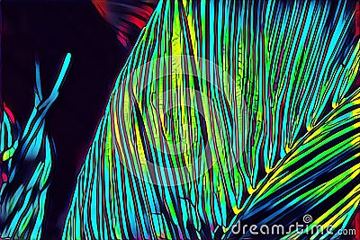 Palm leaf in sunlight. Tropical nature abstraction. Tropical foliage neon digital illustration. Palm leaf in backlight Cartoon Illustration