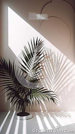 Palm leaves on the background of the wall and beautiful shadows falling from the plant Stock Photo