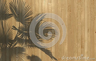 Palm leaves cast a shadow on the wooden wall paneling. Conceptual creative illustration with copy space. 3D rendering. Cartoon Illustration
