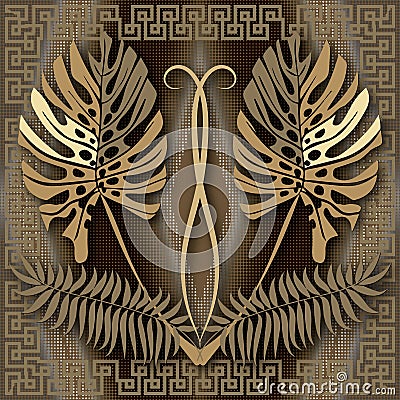 Palm leaves 3d seamless pattern. Halftone circles background. Square greek key meander frame. Repeat floral backdrop. Modern gold Vector Illustration