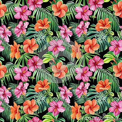 Palm leaves, tropical flowers orchid, hibiscus on black background, watercolor botanical. Seamless patterns. Cartoon Illustration