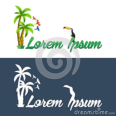 Palm logo. Toucan. Three parrots. Stock Photo