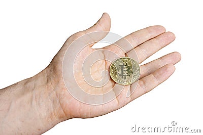 in the palm of a man is a gold cryptocoin Bitcoin Stock Photo