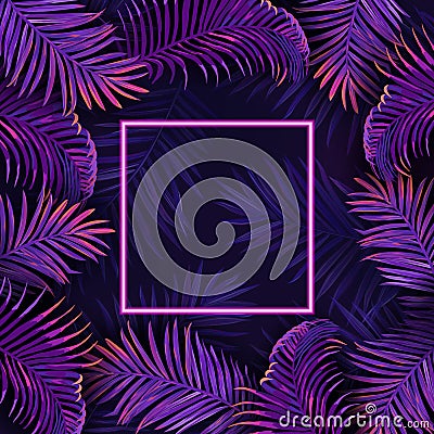 Palm neon leaves poster, vector tropic vibrant purple design illustration, jungle summer disco party frame Vector Illustration