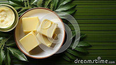 Palm oil buttercream and yeast decorated with palm leaves monochromatic background. Stock Photo