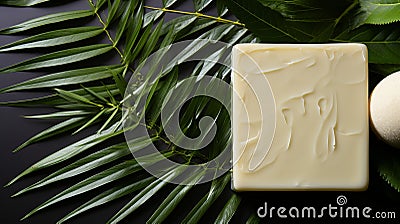 Palm oil buttercream and yeast decorated with palm leaves monochromatic background. Stock Photo