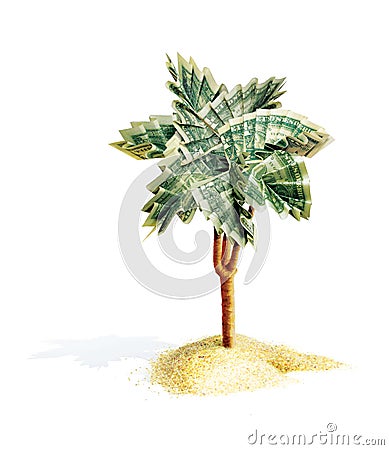 Palm origami with leaves, folded from dollar bills. The money tree grows from a pile of sand. 3d illustration. Isolated on white Cartoon Illustration